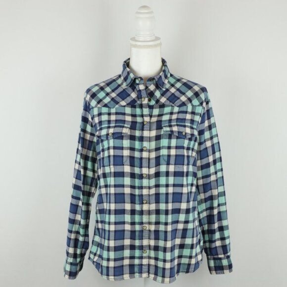 Jachs Girlfriend Bea Women's Medium Blue White Plaid Lightweight Flannel Shirt - Picture 1 of 9